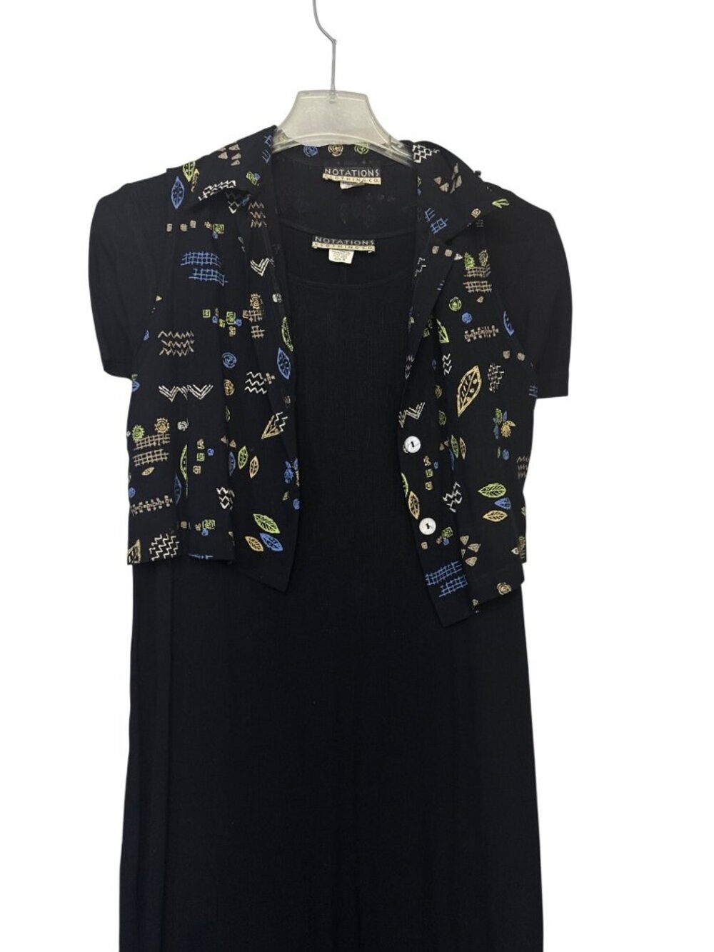 Notations Womens Black Midi Dress With Patterned Button Down Vest Size M - Picture 1 of 14